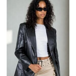 Princess Polly Vegan Faux Leather Oversized Black Blazer Jacket Women's S/M